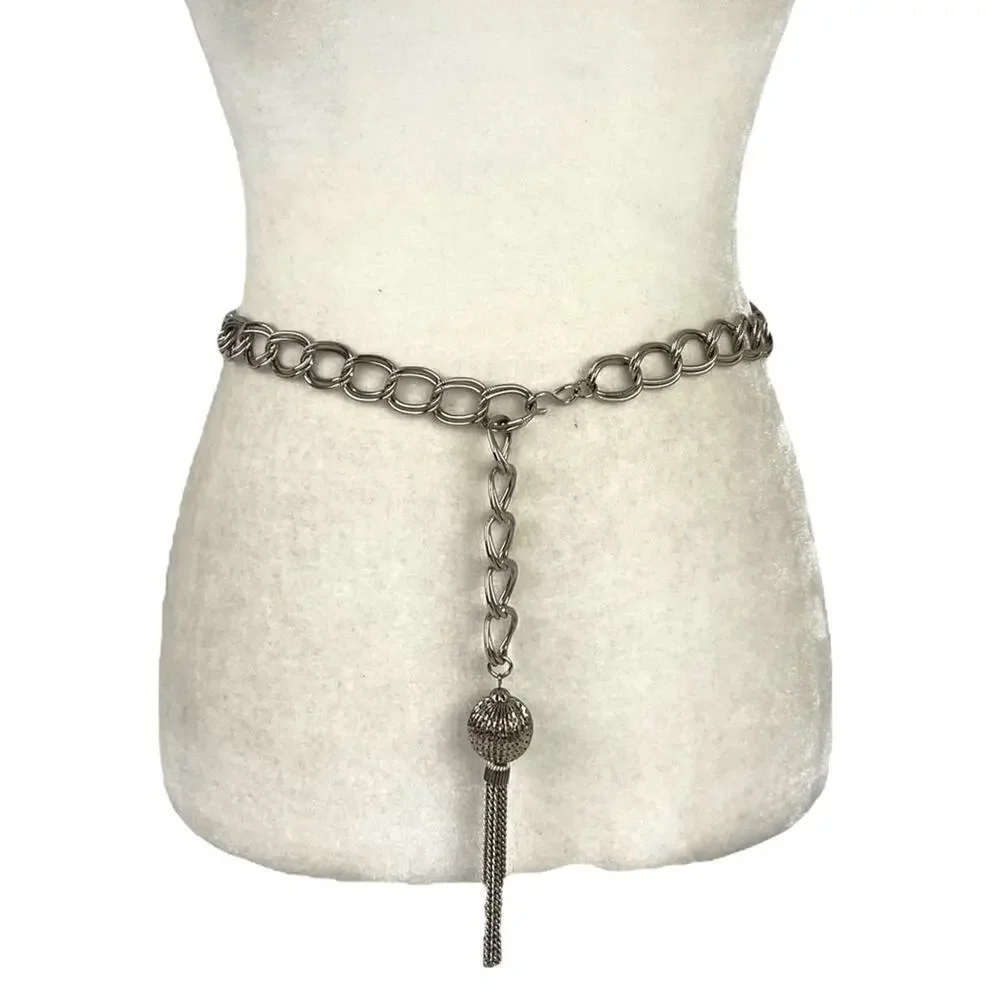 VTG Retro Silver Belt Metal Link Chain Belt Tassel Charm